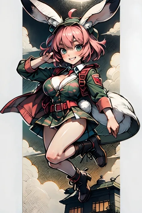 a sticker、​masterpiece、top-quality、hight resolution、8K、full body Esbian、1 rabbit girl、((Big ears in rabbits))、soldier、Army camouflage uniform、Parachute troops、short-hair、A pink-haired、Colossal tits、cleavage of the breast、Jump from the top of a skyscraper、D...