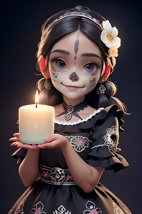 masterpiece, best quality, detailed face, (detailed eyes), detailed hands, a girl smiling with (sugar skull makeup), Mexican indigenous dress, head band of flowers, holding an altar (candle)