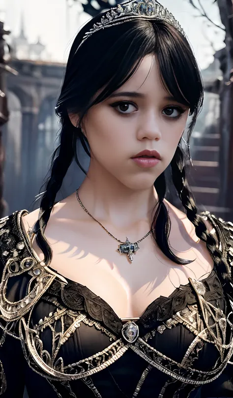 Jenna Ortega as Wednesday Addams,best quality,ultra-detailed,realistic:1.37,horror,gothic atmosphere,spooky background,dark and mysterious lighting,black and white color palette,creepy shadows,haunting expression,sharp focus,vivid eyes,detailed lips,beauti...