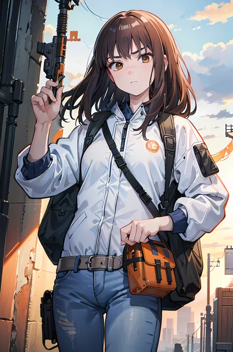 (8k ultra high-quality) (masterpieces) (very nsfw image) 1 girl, long hair, orange eyes color, wearing tactical jacket with a bu...