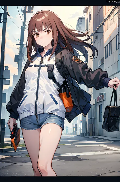 (8k ultra high-quality) (masterpieces) (very nsfw image) 1 girl, long hair, orange eyes color, wearing tactical jacket with a bu...