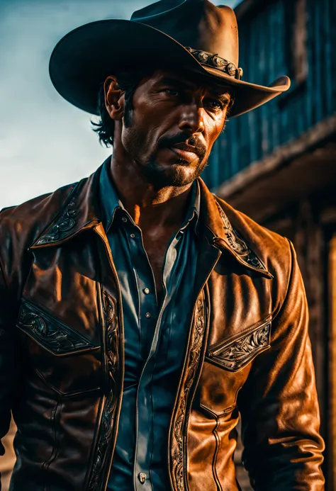 Official movie photography, 8k Unity wallpaper, ultra detailed, aesthetic, masterpiece, best quality, photorealistic, close-up of 1 man, cowboy photo, dynamic angle, elegant and brutalist design, vivid and atmospheric colors. Western foo, 35mm photography.