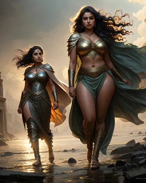 (masterpiece digital painting) of a (solo:1.3) ravishing alluring curvy chubby warrior woman Suhasini Nair , walking in a apocalyptic palace ruins, wearing filigree metallic armour, intricate robes, cape & skirt, battle ready, navel,  (flowing wavy backlit...