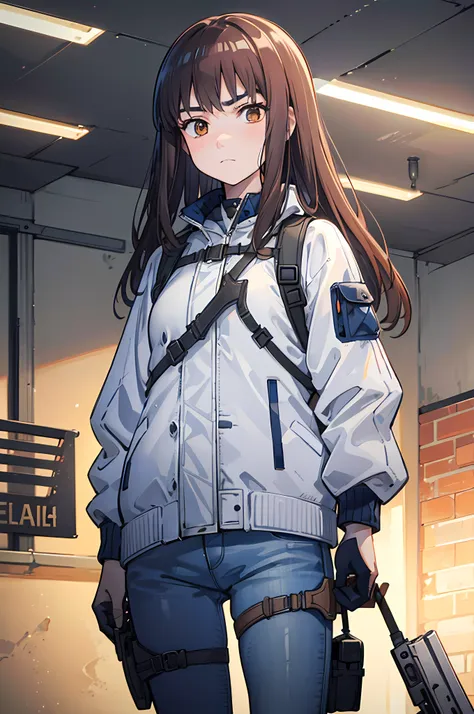 (8k ultra high-quality) (masterpieces) 1 girl, long hair, orange eyes color, wearing tactical jacket with a bunch of pouches, we...