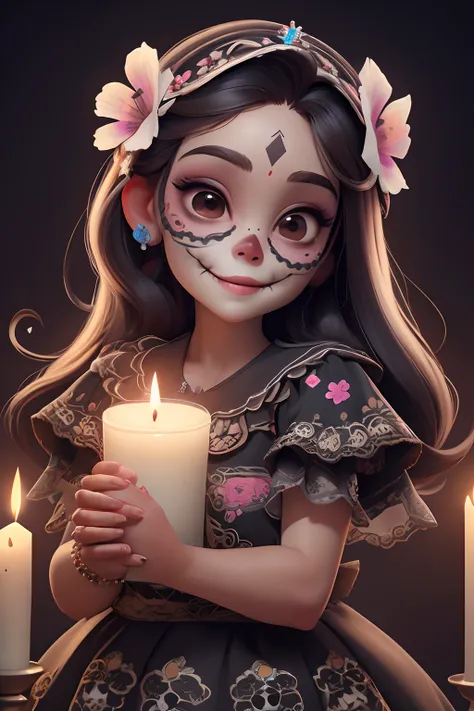 masterpiece, best quality, a girl smiling with (sugar skull makeup), Mexican indigenous dress, flowers hair band, holding an altar (candle)