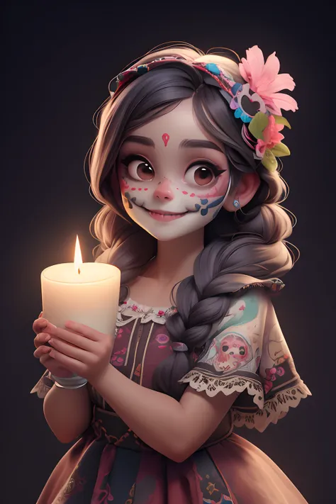 masterpiece, best quality, a girl smiling with (sugar skull makeup), braids, Mexican indigenous dress, flowers hair band, holding an altar (candle)