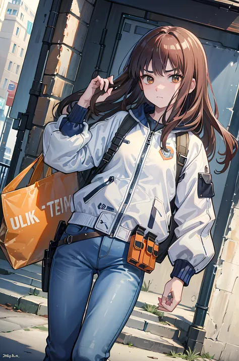 (8k ultra high-quality) (masterpieces) 1 girl, long hair, orange eyes color, wearing tactical jacket with a bunch of pouches, we...