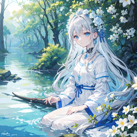 (Highest quality) (masterpiece) (calm) soft blue eyes grey hair white skin looking at forest beautiful woman flowers in lake