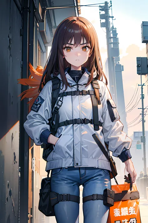 (8k ultra high-quality) (masterpieces) 1 girl, long hair, orange eyes color, wearing tactical jacket with a bunch of pouches, we...