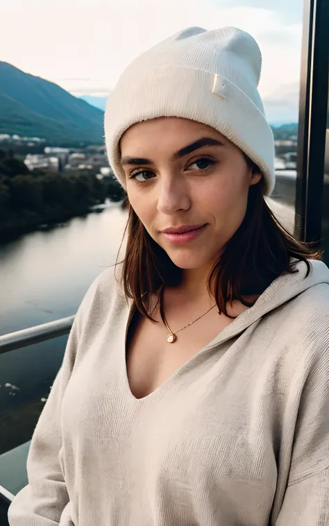 photoreallistic, Best quality, hyper detailed, beautiful woman, Photo selfie, Haut du corps, seulement, Porter un pull, dehors, (Nuit), montagnes, The nature of real life, stars, lune, (gai, content), sac de couchage, Gants, chandail, Beanie, torche, woods...