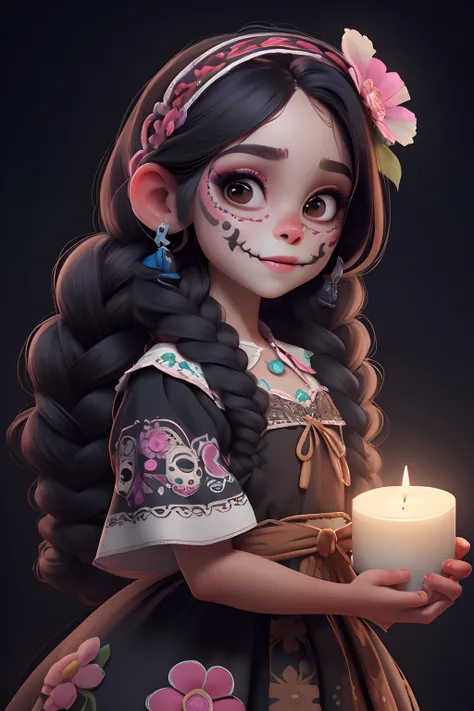 masterpiece, best quality, a girl smiling with (sugar skull makeup), braids, Mexican indigenous dress, flowers hair band, holding an altar (candle)