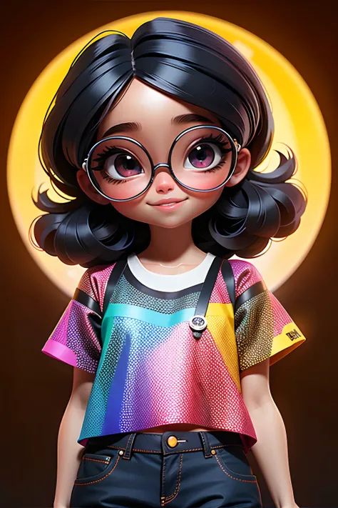 Loli Menina negra , Eyeglasses, olhos delicados e detalhados, sorriso delicado e detalhados, opalescente, Perolescente, Holographic,  fundo escuro