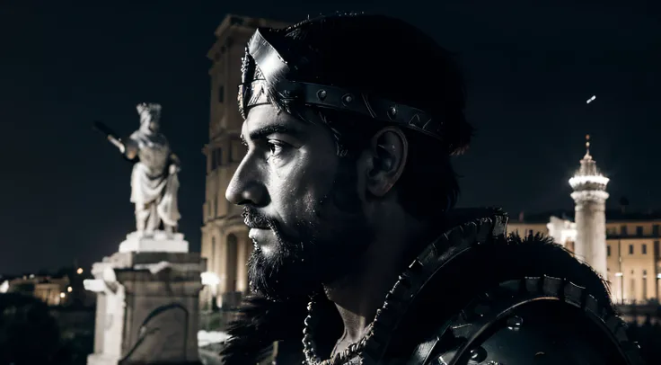 Generate an 8K cinematic black and white scene featuring a stoic Roman emperor with a beard, in armor, crown, captured from a side profile, with the city of Rome in the background under a night sky, against a dramatic black backdrop, with a stoic statue ne...