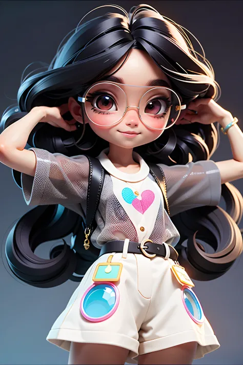 Loli cute girl Negra, hair stuck, Loose hair, Modern accessories , eye glass, A detailed eye, detailed smile, Detaileddetails, holograph,  Clear and simple background