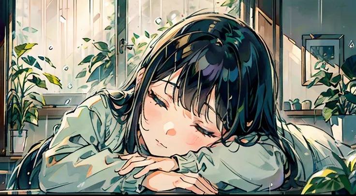 Girl sleeping on the windowsill　Lying face down on a desk　A dark-haired　Composition seen from outside the window　Indoor houseplants　Its raining outside