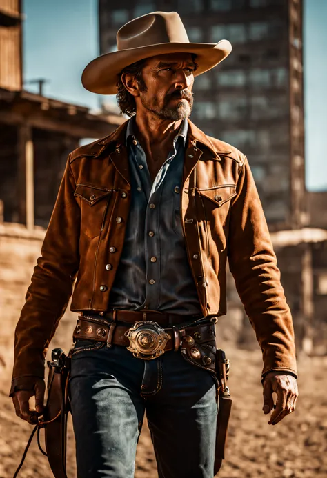 Official movie photography, 8k Unity wallpaper, ultra detailed, aesthetic, masterpiece, best quality, photorealistic, close-up of 1 man, cowboy photo, dynamic angle, elegant and brutalist design, vivid and atmospheric colors. Western foo, 35mm photography.