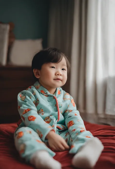 Close-up of a Chinese child in pajamas，There is a ball in the air, cute design, Fashionab, white and teal garment, Adorable, Sleeping, Sleepy, zun, soft - warm, pyjamas, p. j. n, Patterned, 🤬 🤮 💕 🎀, Dreamy, So cute, 3 am, 3am, Super cute, Handsome，There is...