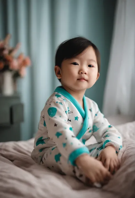 Close-up of a Chinese child in pajamas，There is a ball in the air, cute design, Fashionab, white and teal garment, Adorable, Sleeping, Sleepy, zun, soft - warm, pyjamas, p. j. n, Patterned, 🤬 🤮 💕 🎀, Dreamy, So cute, 3 am, 3am, Super cute, Handsome，There is...