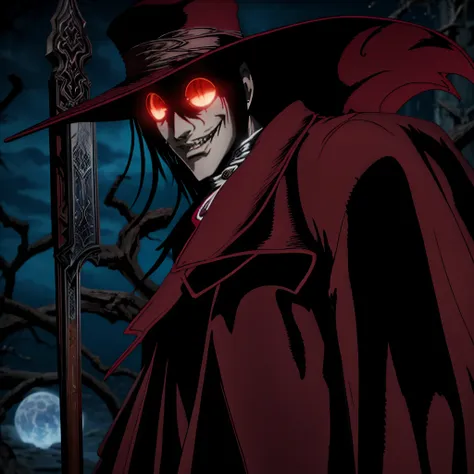 um close up de uma pessoa segurando uma faca na frente de uma lua vermelha, alucard, castlevania, vampiros de anime, castlevania...