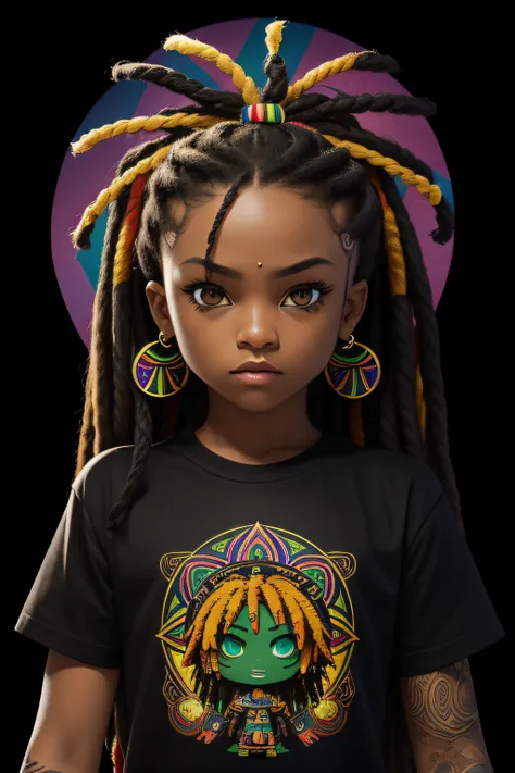 t-shirt art, 2D, ((black background :1, 5)), vector, vivid colors, chibi rasta outfit character, masterpiece, best quality, intricate details, perfect symmetrical face, realistic details, gothic theme, rim light, moonlight, cinematic shading, Greg Rutkowis...