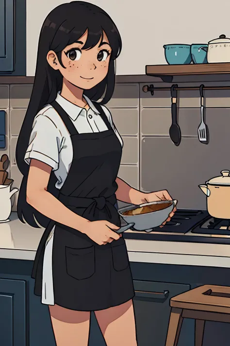 (best-quality:0.8), (best-quality:0.8), tan skin, long black hair, straight hair, brown eyes, freckles, slight smile, kitchen, apron, housewife, cooking