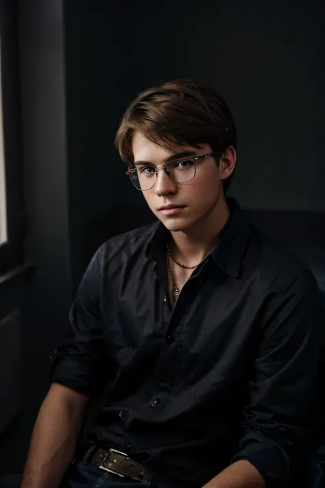 An 18-year-old boy with dark blond hair, blue eyes and aviator-style metal-rimmed glasses sits in a dark room