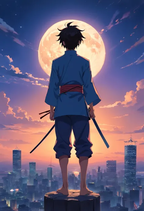 Ninja homem de cabelos cumpridos, com uma mascara, Standing on top of a pole, Big full moon behind.