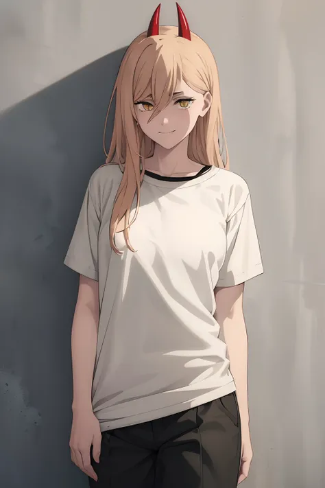 power_csm, blonde hair, yellow eyes, cross-shaped pupils, symbol-shaped pupils, red horns, sharp teeth, 1girl, solo, Black T shirt, black shirt, T-shirt, loose shirt, Black Slacks pants, standing, stare, smile, looking at viewer, facing at viewer, full bod...