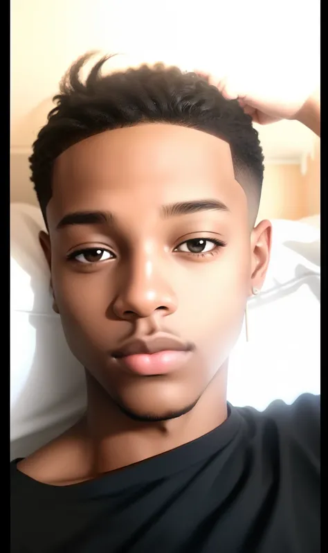 Creates an image of a young black teenage man in cartoon and abstract art, with taper fade hairstyle and no mustache but add pimples