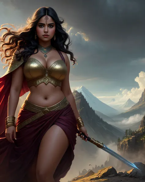 (masterpiece digital painting:1.3) of a (solo:1.3) ravishing alluring curvy chubby indian warrior woman , atop a apocalyptic mountain peak, wearing filigree shimmering armour, intricate robes, cape & skirt, battle ready, navel, (flowing wavy backlit hair),...