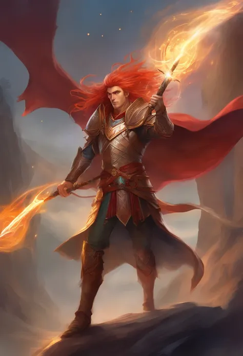 wholesome picture of a high elf male with crimson red hair in a dungeons and dragons universe