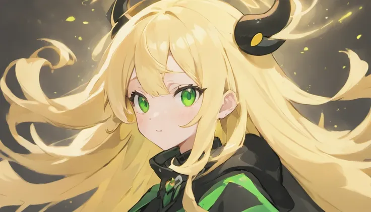 Blonde long hair girl with green eyes black anime bull clothes