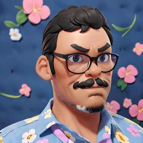 Waist-length portrait in (((Disney Pixar 3D style))) of a dark-skinned man with glasses, side-swept black hair, short black mustache and gray beard wearing (((flowered shirt))) Hawaiian style. sharp focus.