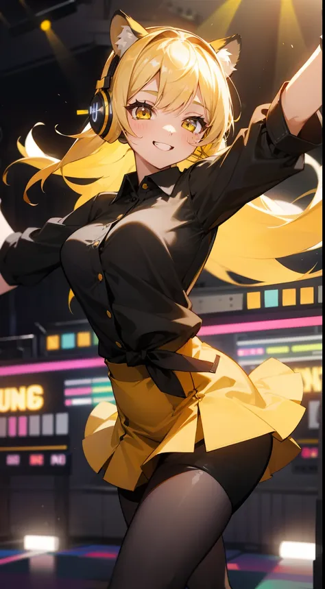 1girl ,20s,happy face,smile,teeth,black shirt,yellow skirt,black pantyhoses, medium tits,blonde hair,long hair,yellow eyes,tiger ears,((dancing in a music Studio)),cowboy shot,she has headphone