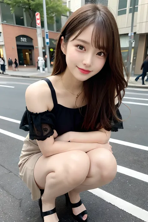 hight resolution, top-quality, Perfect dynamic composition, Beautiful detailed eyes, off shoulders、Radiant hair、Medium Hair, Natural Color Lip, college aged、Harajuku、A slight smil、Crouched figure、M-shaped legs