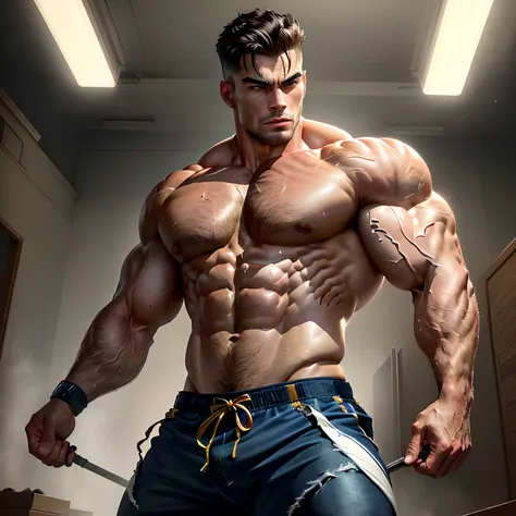 (best quality,highres,ultra-detailed,masterpiece:1.2),handsome muscular man,strong and fit body,big and well-defined muscles,detailed facial features,strong chiseled jawline,athletic physique,ripped abs,bulging biceps,masculine broad shoulders,tanned skin,...