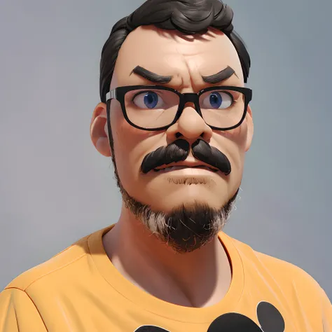 Waist-length portrait in (((Disney Pixar 3D style))) of a dark-skinned man with glasses, side-swept black hair, short black mustache and gray beard wearing rock stamp t-shirt. sharp focus.