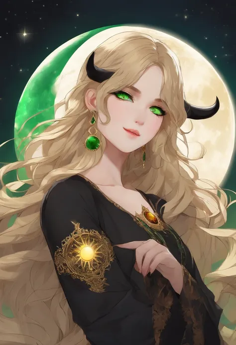 Blonde long hair girl with green eyes black anime bulls clothes with moon and sun