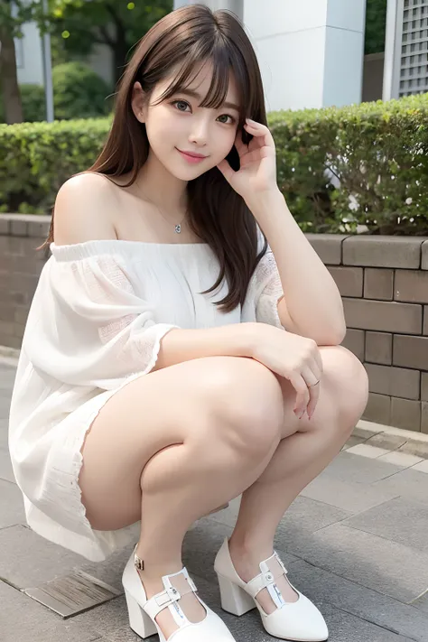 hight resolution, top-quality, Perfect dynamic composition, Beautiful detailed eyes, off shoulders、Radiant hair、Medium Hair, Natural Color Lip, college aged、Harajuku、A slight smil、Crouched figure、M-shaped legs