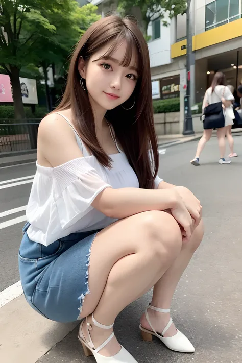 hight resolution, top-quality, Perfect dynamic composition, Beautiful detailed eyes, off shoulders、Radiant hair、Medium Hair, Natural Color Lip, college aged、Harajuku、A slight smil、Crouched figure、M-shaped legs