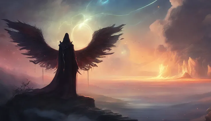 A high-fantasy horror portrayal of a dark hooded celestial being with luminous spectral wings protruding from its back that are made completely of bright light. He is surrounded by dark necrotic clouds, Fog and mist. energia eldritch.