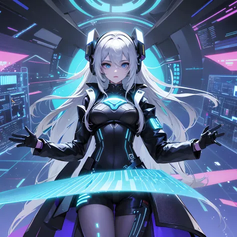 Ava Code has shiny silver hair and electric blue eyes. Her outfit combines futuristic, high-tech elements with a touch of cyberpunk.

He wears a futuristic-style fitted suit with holographic and metallic details that give him a high-tech look.

En su brazo...