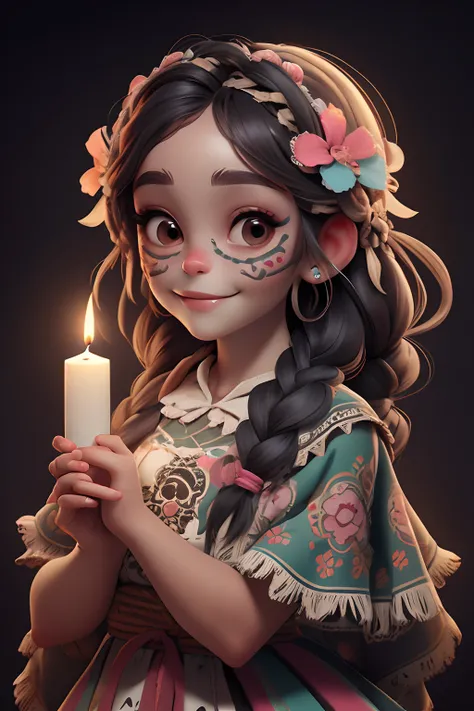 masterpiece, best quality, a girl smiling with (sugar skull makeup), braids, Mexican (indigenous dress), flowers hair band, holding an altar (candle)