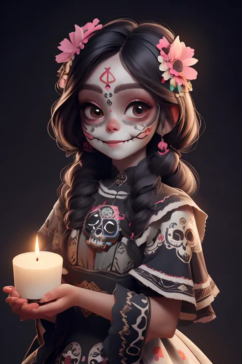 masterpiece, best quality, a girl smiling with (sugar skull makeup), Mexican (indigenous dress), flowers hair band, holding an altar (candle)