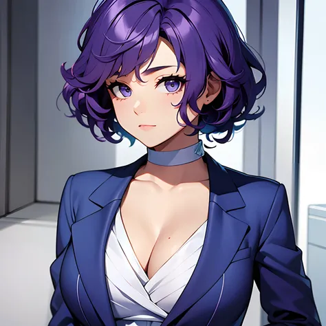 Girl, short curly purple hair, blue suit