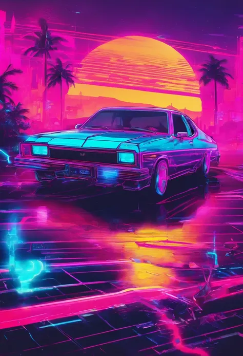 Retrowave Synthwave Background With Neon Lights Everywhere, Objeto principal - Chevrolet Opala 1969