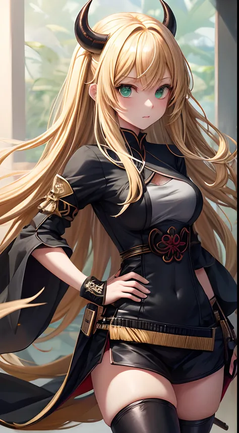 Blonde long hair girl with green eyes black anime bulls clothes with katana