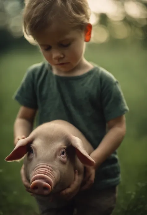 Create the IAMGEN of a child with a pig on a green background.