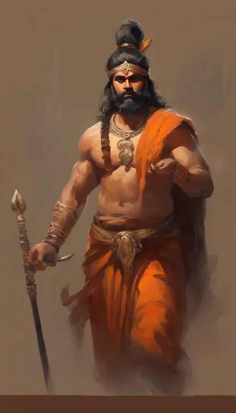 lord rama, male in an orange outfit with a bow, highly detailed character, , epic lord warrior, norse ancient epic hero, muscular long haired with rudraksh mala, on horse back, modelshoot style, (extremely detailed CG 8k wallpaper), body photo of the most ...