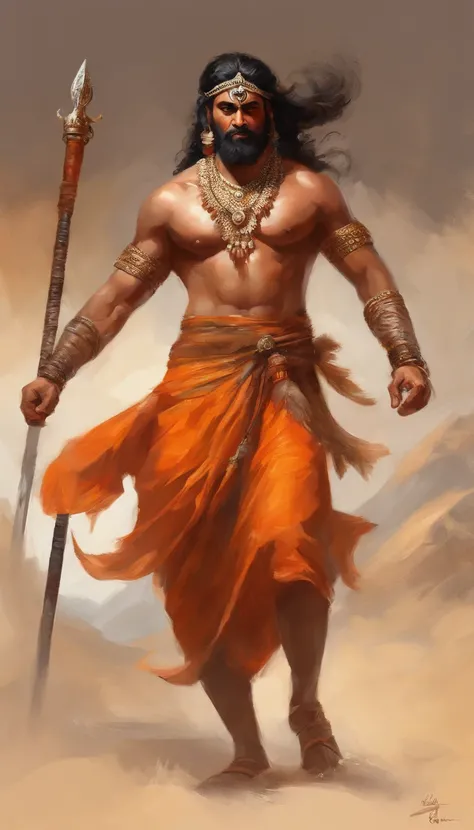 lord rama, male in an orange outfit with a bow, highly detailed character, , epic lord warrior, norse ancient epic hero, muscular long haired with rudraksh mala, on horse back, modelshoot style, (extremely detailed CG 8k wallpaper), body photo of the most ...